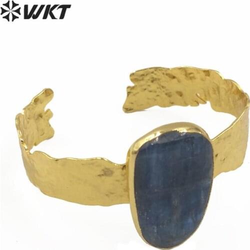 WT-B541 Blue kyanite bangle natural stone bangle with gold electroplated band in adjustable size woman fashion stone bracelet
