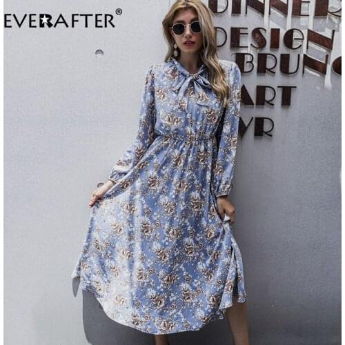 EVERAFTER Vintage Floral Print Boho Dress Women Long Sleeve Lace Up High Waist Work Wear Office Ladies Party Midi Dress Vestidos