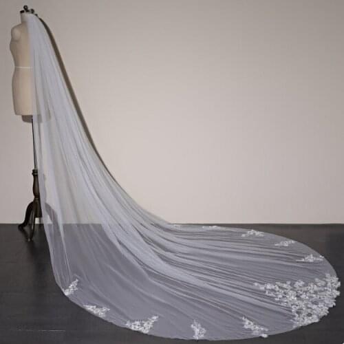 White One Tier Flower Lace Veil, Soft Tulle Veil, Exquisite Ivory Long Wedding Veil, Cathedral Lace Veil, Fingertip Veil