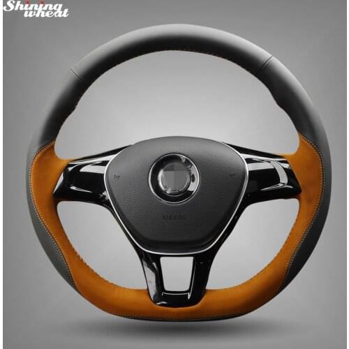 Shining wheat Black Leather Brown Suede Steering Wheel Cover for Volkswagen VW Golf 7 Mk7 New Polo Jetta Passat B8