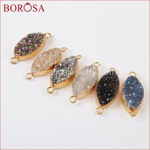 BOROSA Sparkly Gold Color Marquise Titanium AB Druzy Crystal Drusy Connector Double Bails for Bracelet Making Jewelry G1375