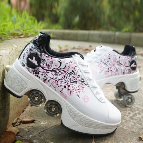 Four-Wheel Dual-Use Skating Shoes Double-Row Roller Skating Shoes for Adult Students Womens Mens Casual Shoes Running Sneaker