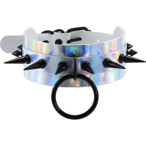 Punk Gothic Black Rivets Spike Laser Hologram PU Leather Choker Necklace for Women Holographic Harness Collar Anime Jewelry Gift