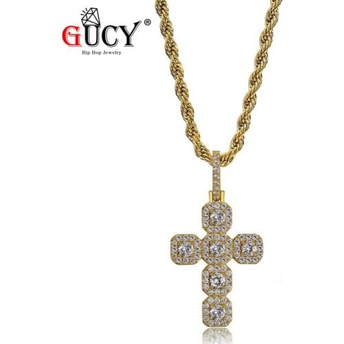 GUCY Hip Hop New Cross Pendant Necklace Gold Silver Color Iced Out Micro Pave CZ Stones Pendants Necklaces for Men Women