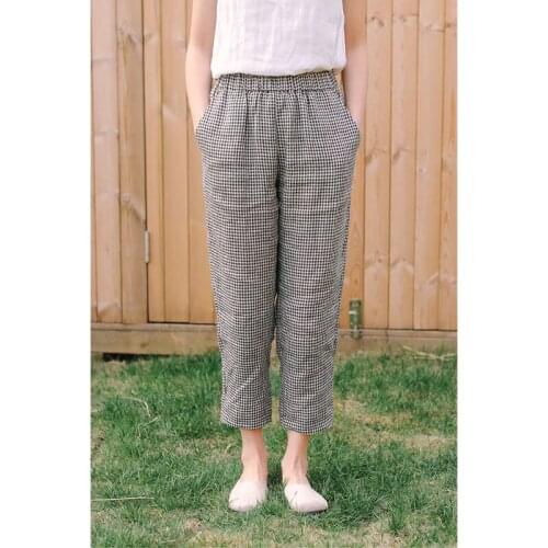 Cotton and linen womens wear 2020 spring new womens fine Plaid yarn dyed linen casual pants versatile literature pants
