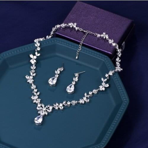 WEIMANJINGDIAN Flower and Teardrop Cubic Zirconia CZ Crystal Necklace and Earring Wedding Bridal Jewelry Set in White Gold Color