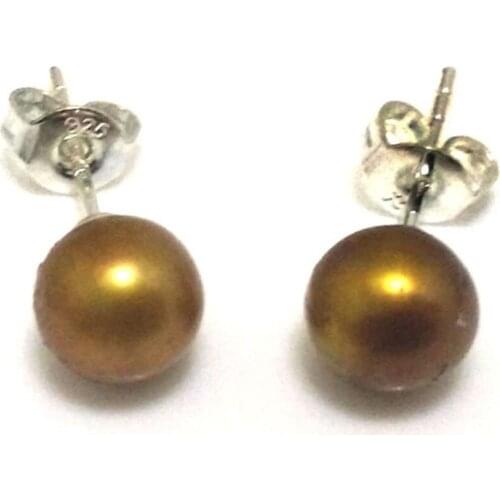 AAA 6-7mm Round Coffee Natural Freshwater Pearl Earrings with 925 Sterling Silver Post