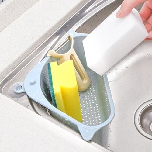 Kitchen Triangular Sink Strainer Drain Vegetable Fruit Drainer Basket Suction Cup Sponge Rack Storage ToolSink Filter Shelf