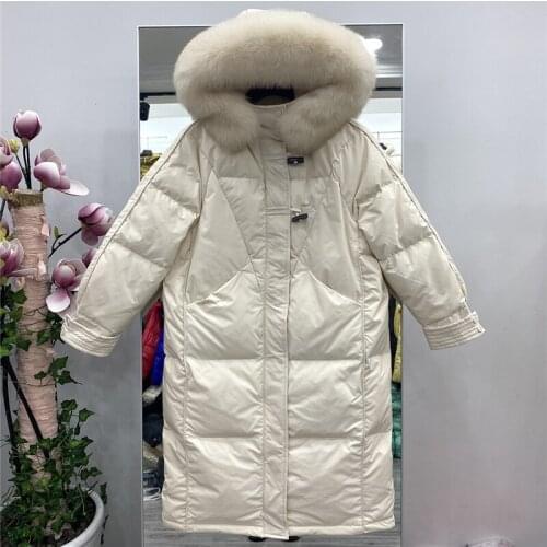 Large Real Fox Fur Collar Long Down Jacket Women 90% White Duck Down Coat Loose Hooded Thick Parkas Female Overcoat