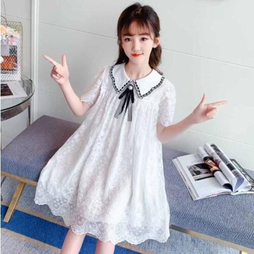 Cultiseed Big Girls Summer Cute Sweet Bow Peter Pan Collar Lace Princess Party Dress Children Kids Korean Casual Gowns Clothes