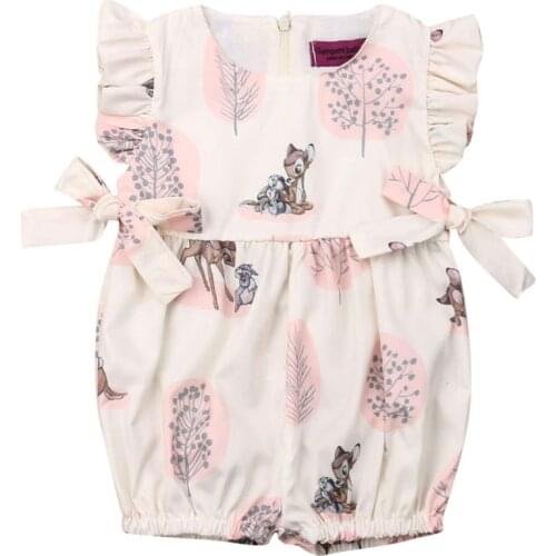 Cute Baby Girls Summer Rompers Ruffles Sleeveless Bowknot Cartoon Animal Print Jumpsuits Overalls Casual Outfits Sunsuits
