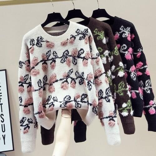 Fashion Embroidery Flower Knitted Sweater Women Winter Korean Loose Pullover Sweater Keep Warm Long Sleeve Jumper Women Tops