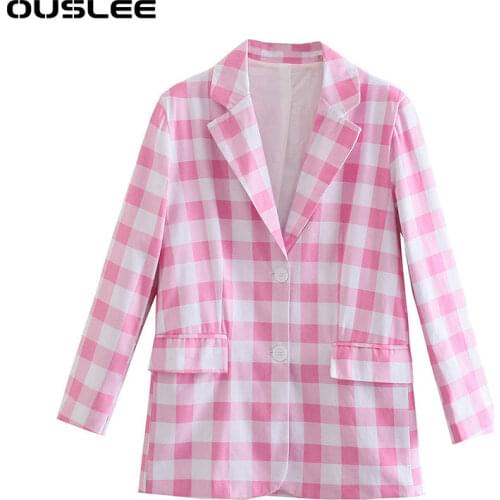 OUSLEE Spring Autumn Women Loose Pink Cotton Plaid Vintage Office Lady Single Breasted Tweed Blazer Female Elegant Outwear