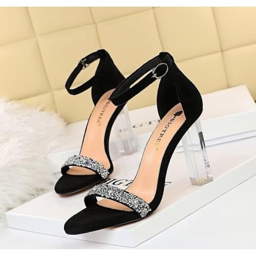 Meriahzheng Sexy Nightclub Summer High Heels Transparent Heel Sequins Rhinestone One Word Sandals Banquet Womens Shoes DS