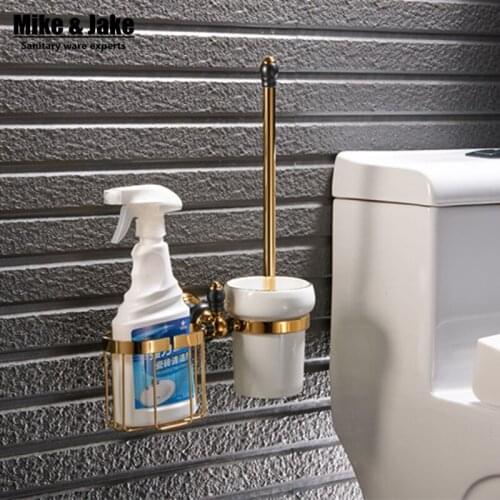 Luxury Golden finish toilet brush holder with bathroom shelf whole brass bath brush rack with basket for cleanser