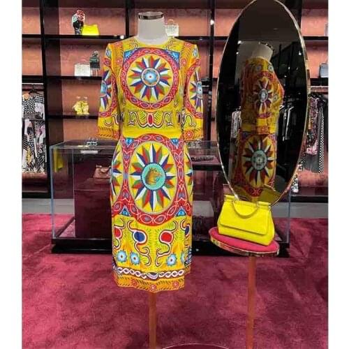 Cosmicchic 2021 Early Autumn Silk Dress Women Print Half Sleeve Horse Totem O-neck Knee-length Elegant Vintage Dress Silk Lining