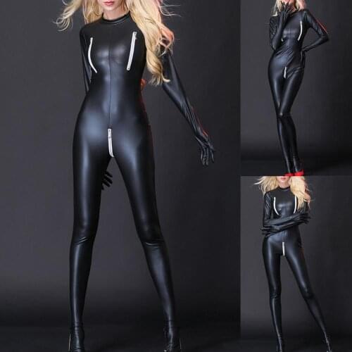 Sexy Women Catsuit Wet Look Faux Leather Zipper Open Groin Bodysuit Clubwear