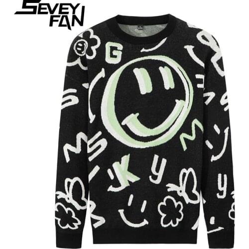SEVEYFAN Cartoon Smiley Graffiti Oversize Sweater Men Hip Hop Winter Sweaters Knitwear Couples Loose Cotton Pullovers