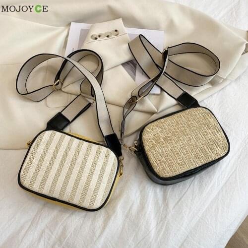 Women Summer Beach Phone Bags Contrast Color Woven Straw PU Shoulder Crossbody Messenger Bag Ladies Handbags Streetwear