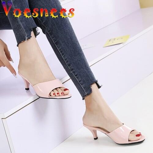 2021 Modern Patent Leather Slippers Office Career Ladies Slippers Shallow Mouth Women Sandals Thin High Heels Women Sheos 4/6cm