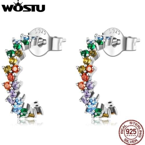 WOSTU 925 Sterling Silver Arch Colorful Zircon Rainbow Lightning Stud Earrings For Women Fashion Party Jewelry CQE1272