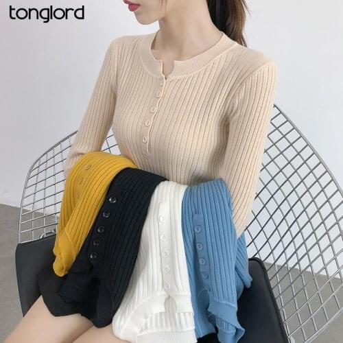 Chic Bottoming Sweater Tee For Women 2021 Autumn Winter Long Sleeve Single-breasted O-Neck Knitted Tops Fmale Solid Pullover Top