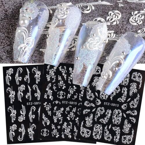 5D White Lace Acrylic Flowers Nail Art Sticker Decal Embossed Wedding Design Adhesive Polish Slider Charms Manicure JISTZ5D09-16