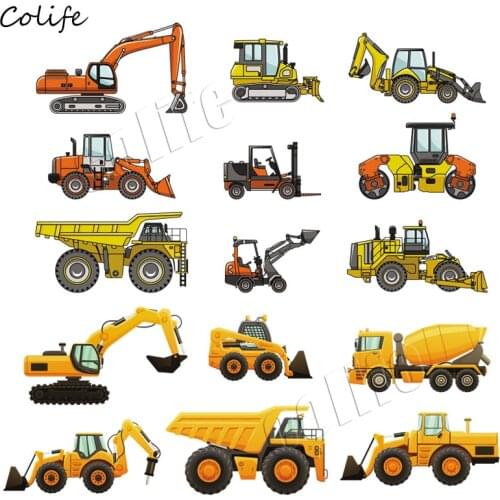 16pcs/lot Cool Excavator Patches For Clothes Construction Truck Appliques DIY Clothing Washable Heat Transfers Ironing Sticker