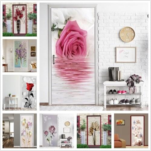 Beautiful Flowers Door Stickers Self-adhesive Waterproof Wallpaper For Doors Living Room Bedroom Home Decor Art poster de portes