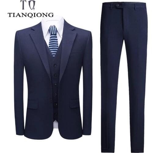 TIAN QIONG Spring Autumn Double Split 3 Piece Wedding Suits for Men Smoking Homme Tuxedo Navy Blue Suit Male High Quality