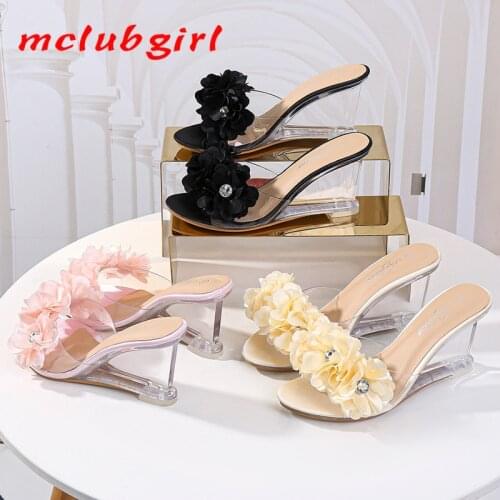 Mclubgirl New High Heels Womens Summer Versatile Womens Shoes Flowers Simple Slope Heels Sandals Transparent Heels LFD