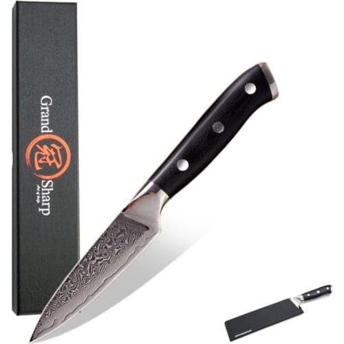 GRANDSHARP Damascus Paring knife 3.5" Japanese Damascus Stainless Steel VG-10 Mosaic Rivet G10 Handle Peeling Fruit Kitchen Tool