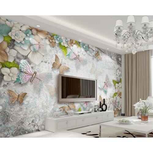 Beibehang customize wallpaper 3d high quality gorgeous butterfly flowers pearl 3d living room TV wall wallpaper for walls 3 d