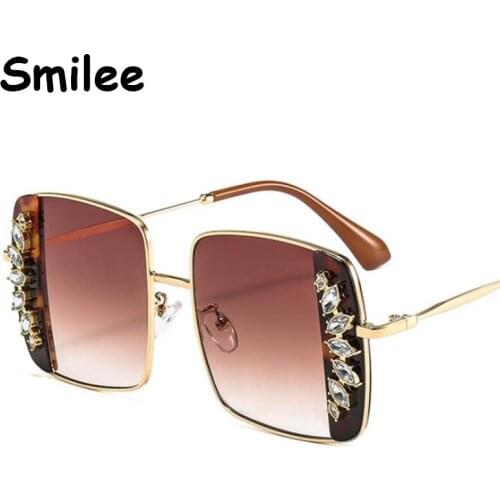 Stylish Crystal Diamond Square Sunglasses Women Oversize 2021 Luxury Brand Brown Gradient Designer Shades Unique Elegant Sunnies