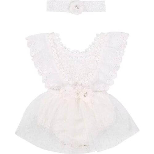 Newborn Baby Girls Clothes Sets White Romper Dresses Infant Sleeveless Lace Floral Round Neck Romper Headwear For 0-24 Months