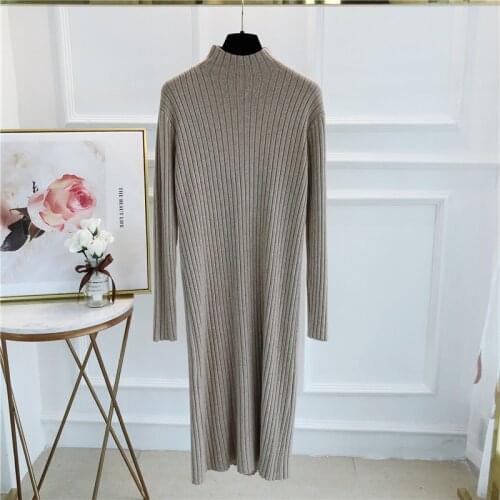 Autumn Winter Dress Long Knitted All Match Basic Dress for Women Multicolor Long Sleeve Turtleneck Sweater Korean Style Dress