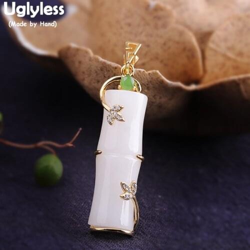 Uglyless Ethnic Bamboo Leaf Pendants for Women Natural Gemstones Jade Bamboo Necklaces NO Chains 925 Silver Fine Jewelry P1132