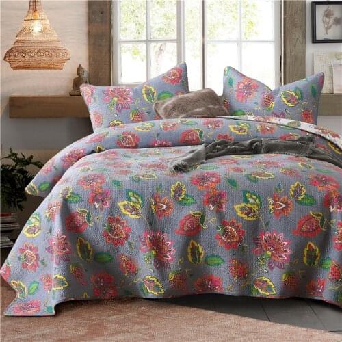 Flowers Bedspread Print Quilt Sets 3PCS Cotton Quilts Bed Cover With 2*Pillowcase AB side Queen Size Coverlet Summer Blanket