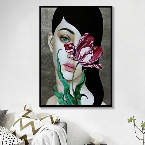 Posters and Prints Flowers Woman Pictures Abstract Beauty Girl Canvas Painting Wall Art for Living Room Home Decoration Unframed