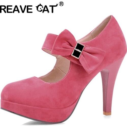 REAVE CAT Women New 2021 Pumps Round Toe 10cm Block Heels Nubuck Buckle Bowtie Stylish Sweet Simple Big Size 42 Casual A3653