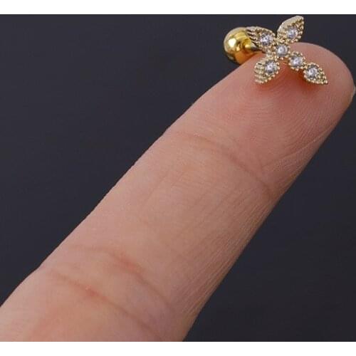 1 PCS Cute Vintage Copper Zircon Cross Ear Cartilage Stud Cuff Earring Simple Stainless Steel Helix Bar Ear Jewelry