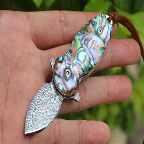 Folding Knife Little Golden Turtle (Damascus Steel) Sharp Blade Abalone+steel Sheet Handle Camping Hunting Wild Gift EDC Tool