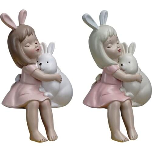 Modern Nordic Resin Statue of Girl Holding A Rabbit Home Decor Crafts Figurines for Interior Not Big Decoration Sccessories