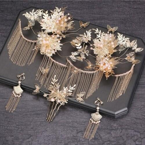 Chinese Bride Head Costume Wedding Tassel Hairpin Golden Dragon and Phoenix Gown bride hair jewelry