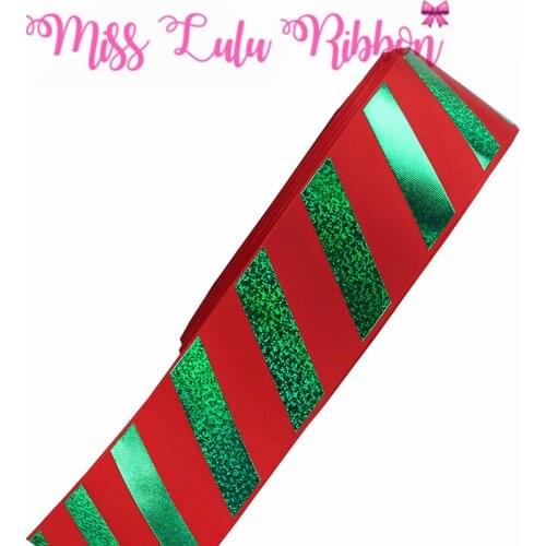 3"75mm Green Stripes Hologram Foil Printed Red Grosgrain Ribbon DIY Christmas Party Decor 50yards/roll Hair Bowknots