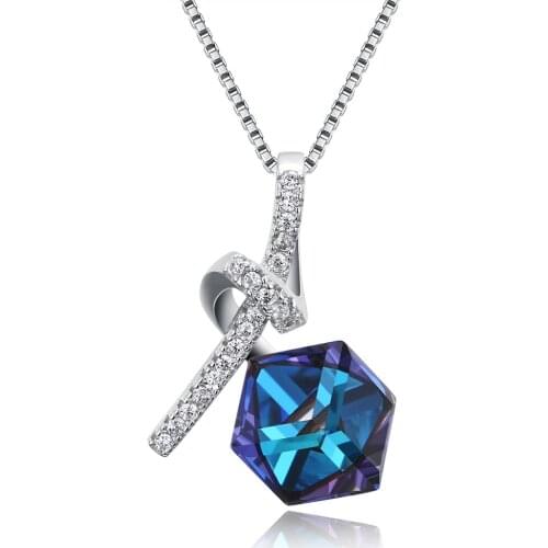 ZEMIOR 925 Sterling Silver Prismatic Pendant Necklaces For Women Blue Austria Crystal And Cubic Zirconia Anniversary Necklace