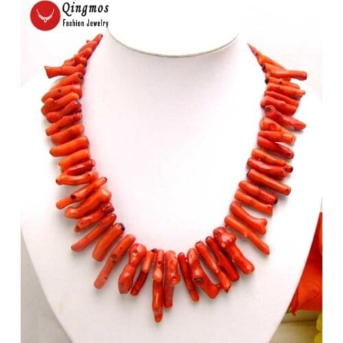 Qingmos Natural Coral Necklace for Women with Pink 5*40mm Branch Shape Coral Chokers Necklace Jewelry 18" nec5533 Free Shipping