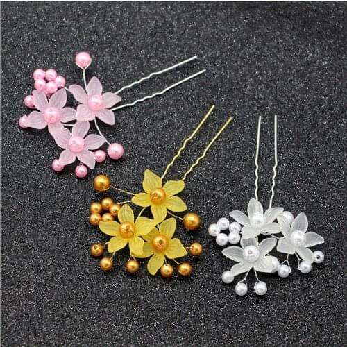 Women Yellow Gold Pink White Hairpins Headpieces Wedding Hair Jewelry Accessories Flower Pearls Hair Forks for Bridesmaid Clips