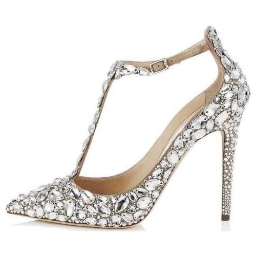 Crystal Embellished Women Wedding Shoes Pointed Toe Stiletto High Heel Sandals T-bar Strap Cover Heel Buckle Strap Shoes