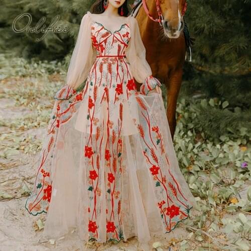 Ordifree 2021 Summer Women Vintage Women Floral Embroidery Dress Long Sleeve Flower Sexy Long Tulle Dress